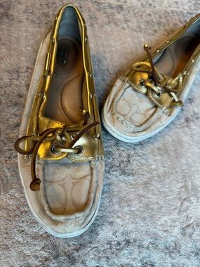 Coach Cream Canvas & Gold Leather Moccasin Boat Shoes